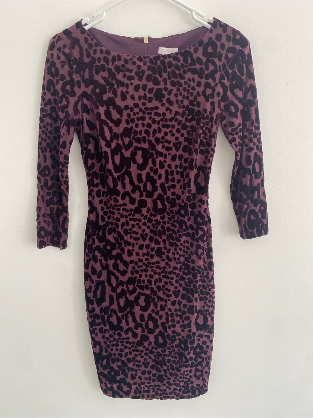 Cache Velvet Burnout Purple Leopard Print Bodycon L/S Dress Size 0